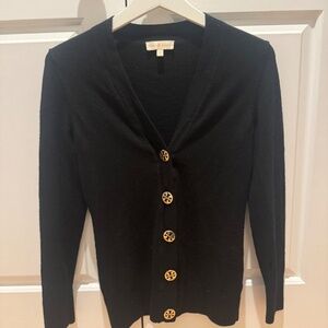 Tory Burch Cardigan Sweater Gold Logo Buttons -  Black - 100% Merino Wool
